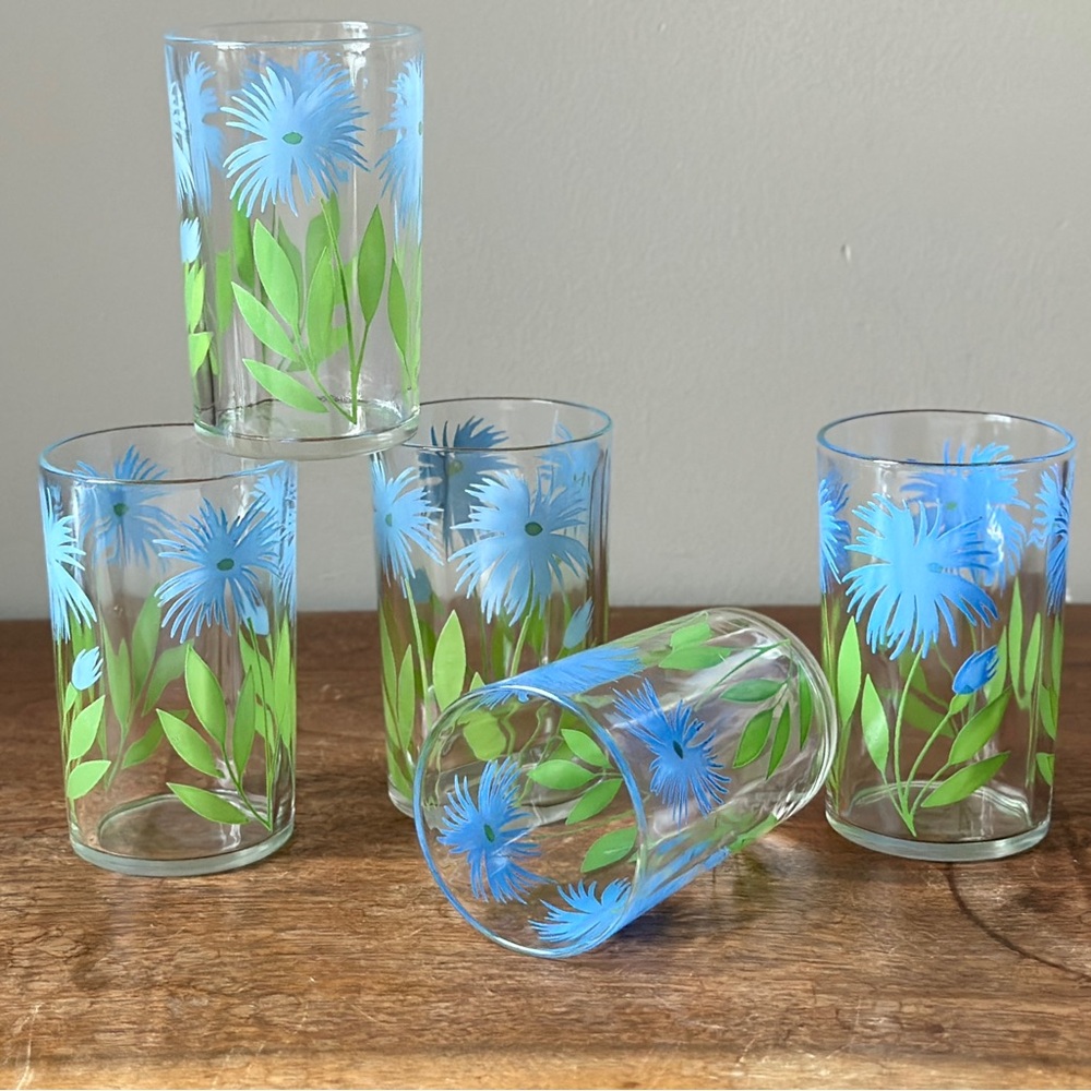 Vintage Kraft "Swanky Swig" Juice Glasses Blue Cornflower Pattern MCM Set of 5 - Picture 2 of 10